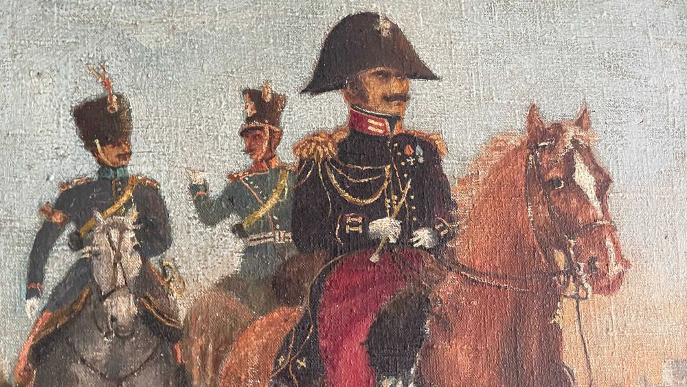 Obraz olejny scena historyczna z trzema oficerami konno