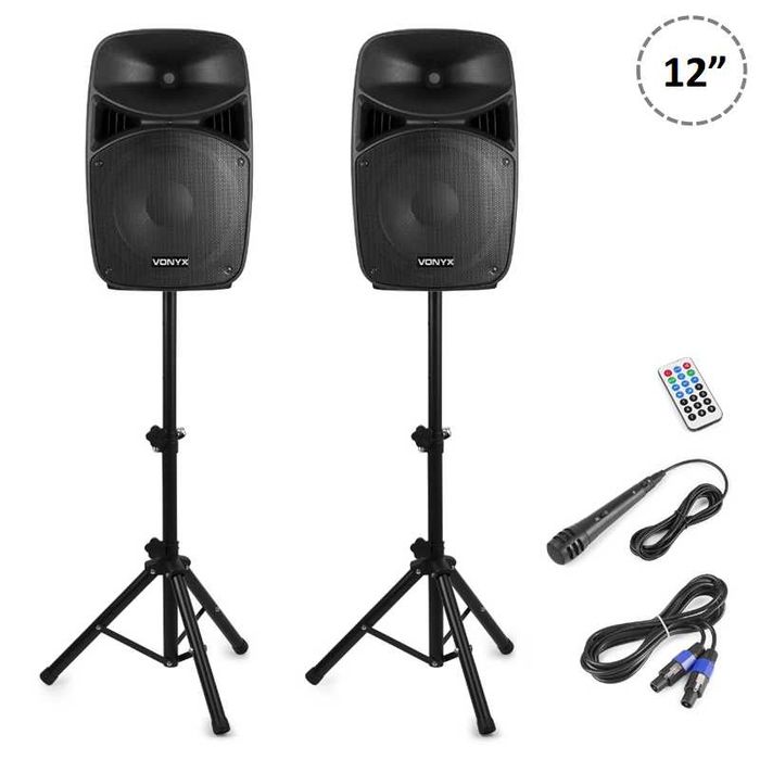 Conjunto Som Amplificado 2×12″ 800W – SD / USB / BT / Suportes – VONYX