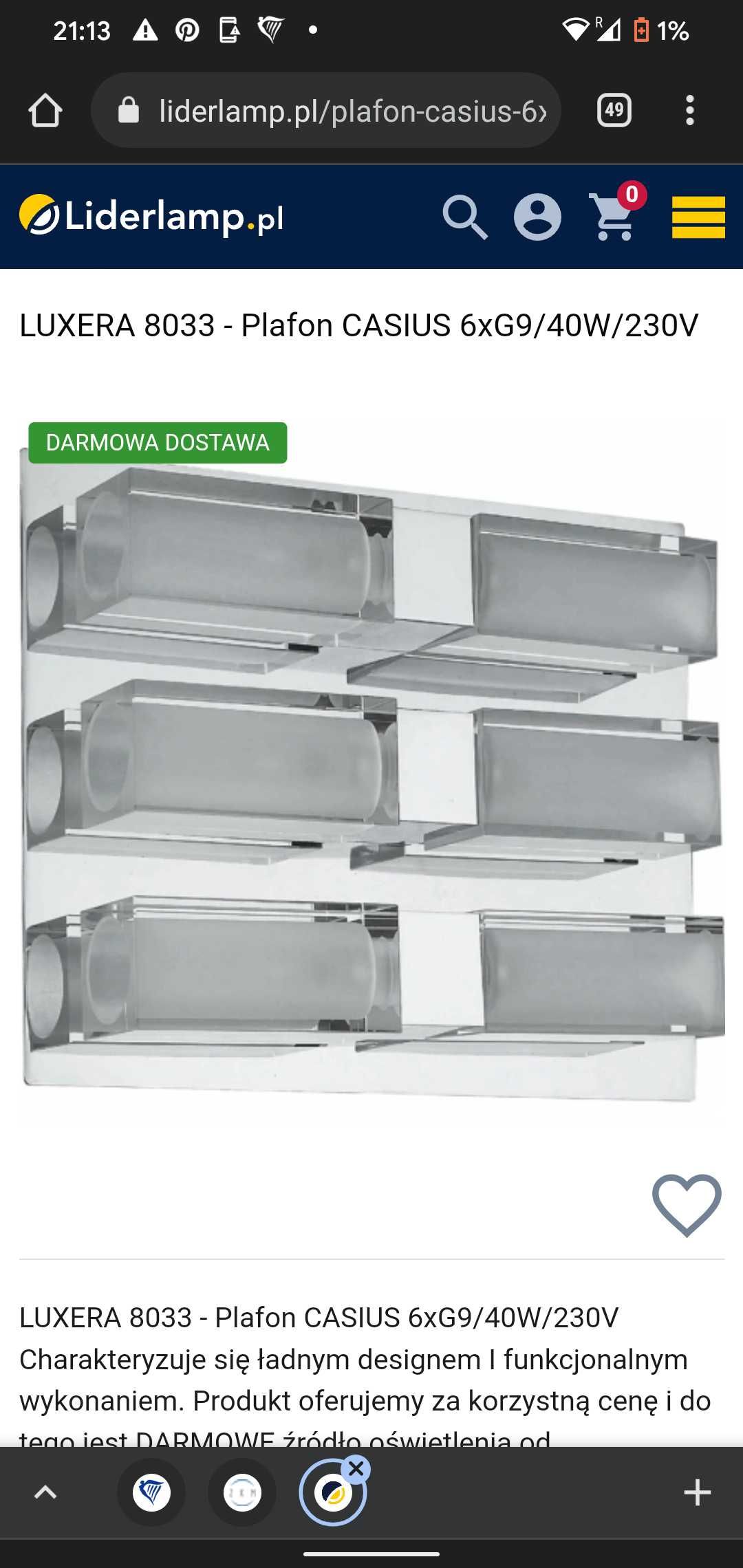 3 lampy: 2  Kinkiety Luxera Glamour G9 CASIUS 8030 oraz Plafon 8033