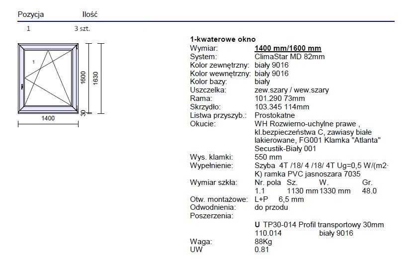 Nowe białe okno filplast 1400:1600 najniższy poziom przenikania Ug=0,5
