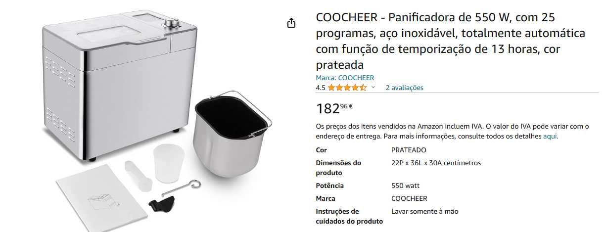 Panificadora de aço inoxidável com 25 programas de cozimento