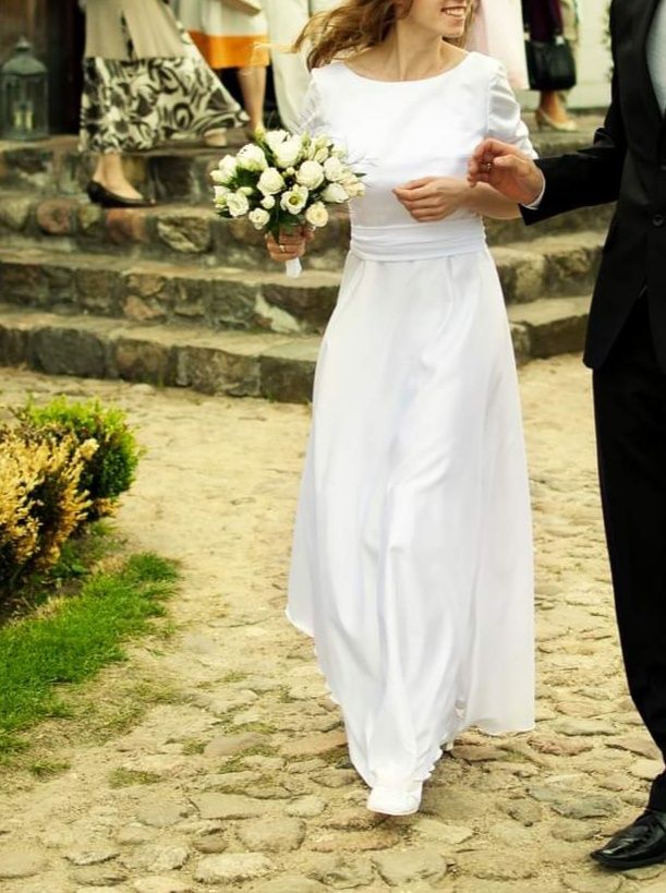 Suknia ślubna Biała sukienka Satyna Prosta i klasyczna Rozmiar XS - S