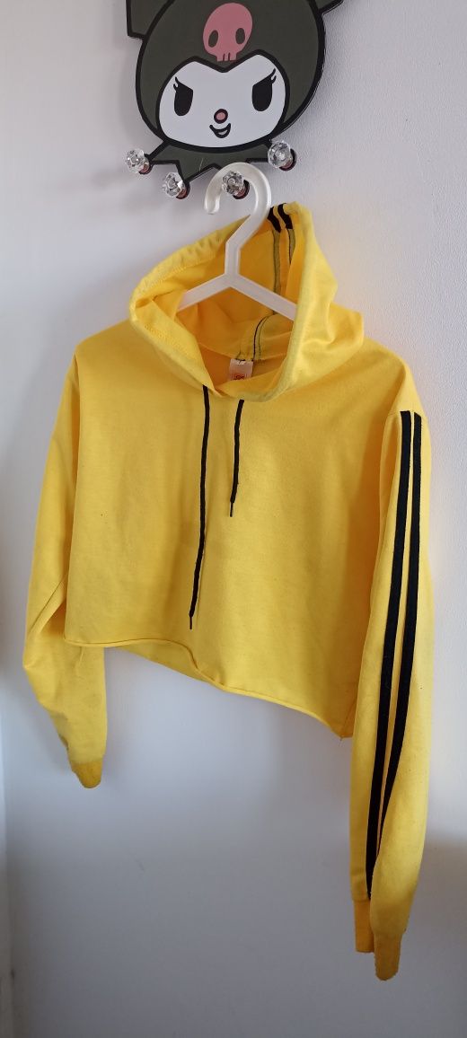 Żółty Crop top z kapturem czarne paski Ziranmel rozmiar L