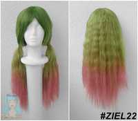 Zielona ombre falowana karbowana peruka z grzywką wig cosplay arbuz