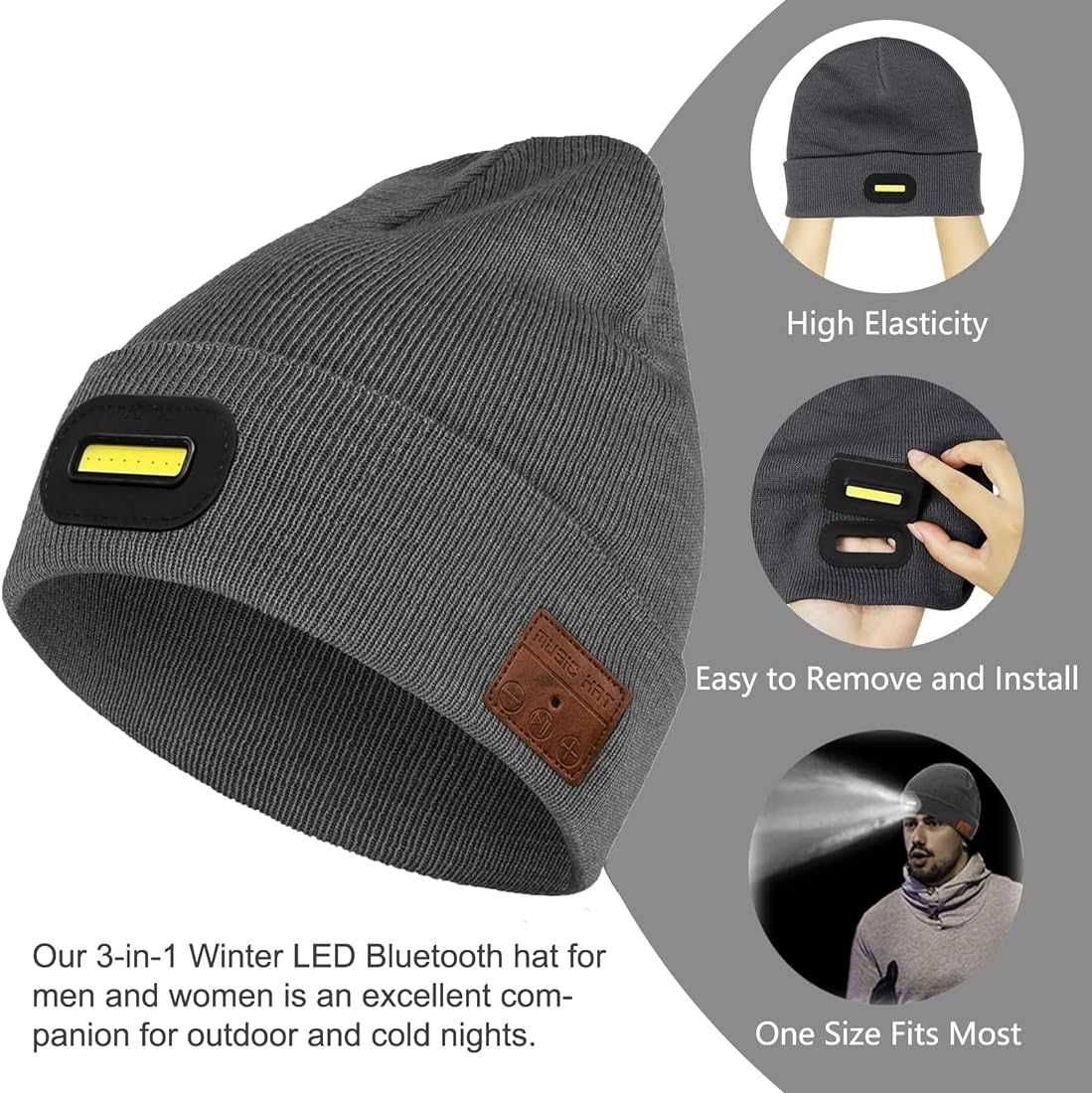 Gorro fones de ouvido Bluetooth V5 USB recarregável lavável c luz LED