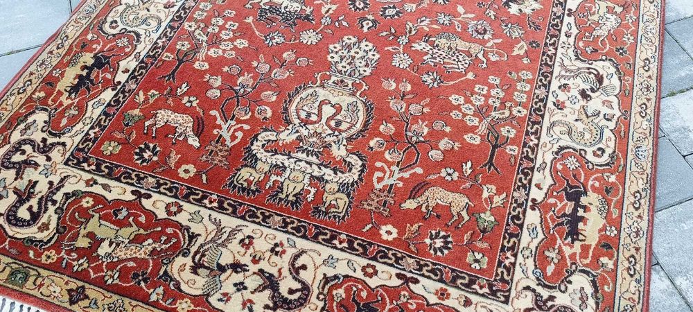 Perski dywan wełniany tkany ręcznie 215 x 132 cm wełna motyw zwierząt