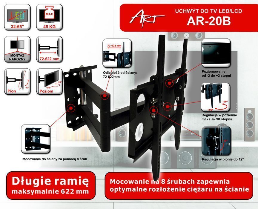 Uchwyt do telewizora 32-65'' 45kg ścienny regulowany wieszak AR-20B