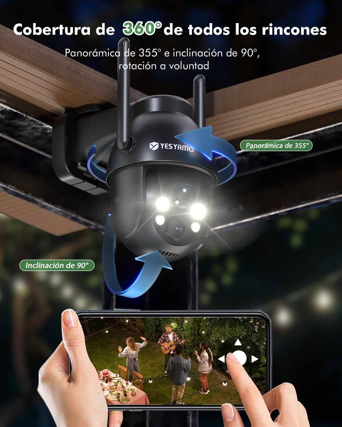 Câmera vigilância 360º WiFi com painel solar e bateria.