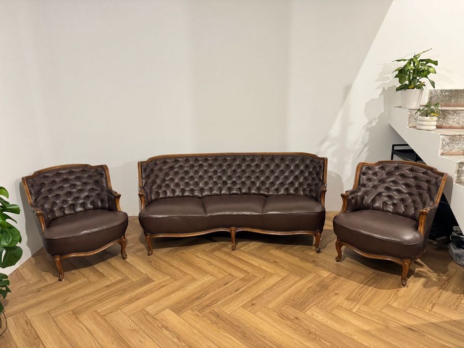 Elegancki komplet mebli- zestaw kanapa/sofa, fotele 3+1+1 pikowany skó
