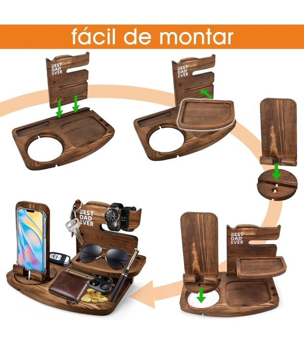 Drewniana podstawa do ładowania telefonu na klucze portfel i zegarek