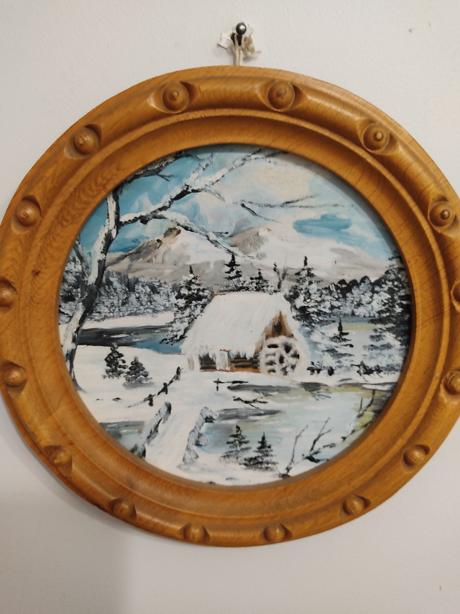 "Zimowy młyn"-przepiękny obraz olejny na płycie!