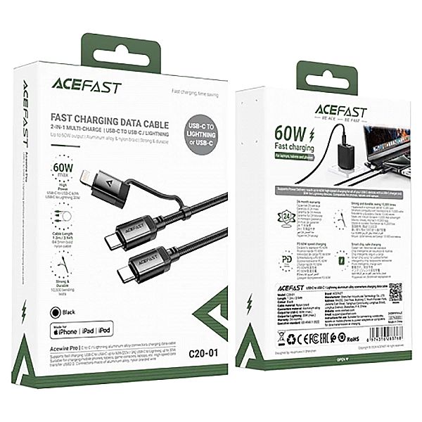 Kabel Acefast C20-01 USB-C - USB-C/Lightning 60W/30W 480Mb/s 3A 1.2m -