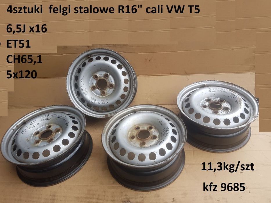 4 felgi stalowe r16&quot; cali 6,5jx16 et51 ch65,1 5x120 VW T5