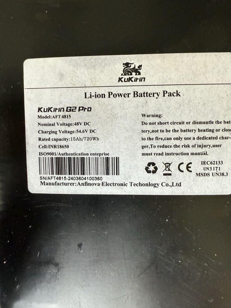 Bateria Original KuKirin G2 Pro – 48V 15Ah (720Wh)