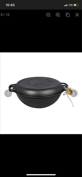 Казан 8л, Ø34см,вага 9,79кг, чавунний узбецький WOK, кришка-сковор.