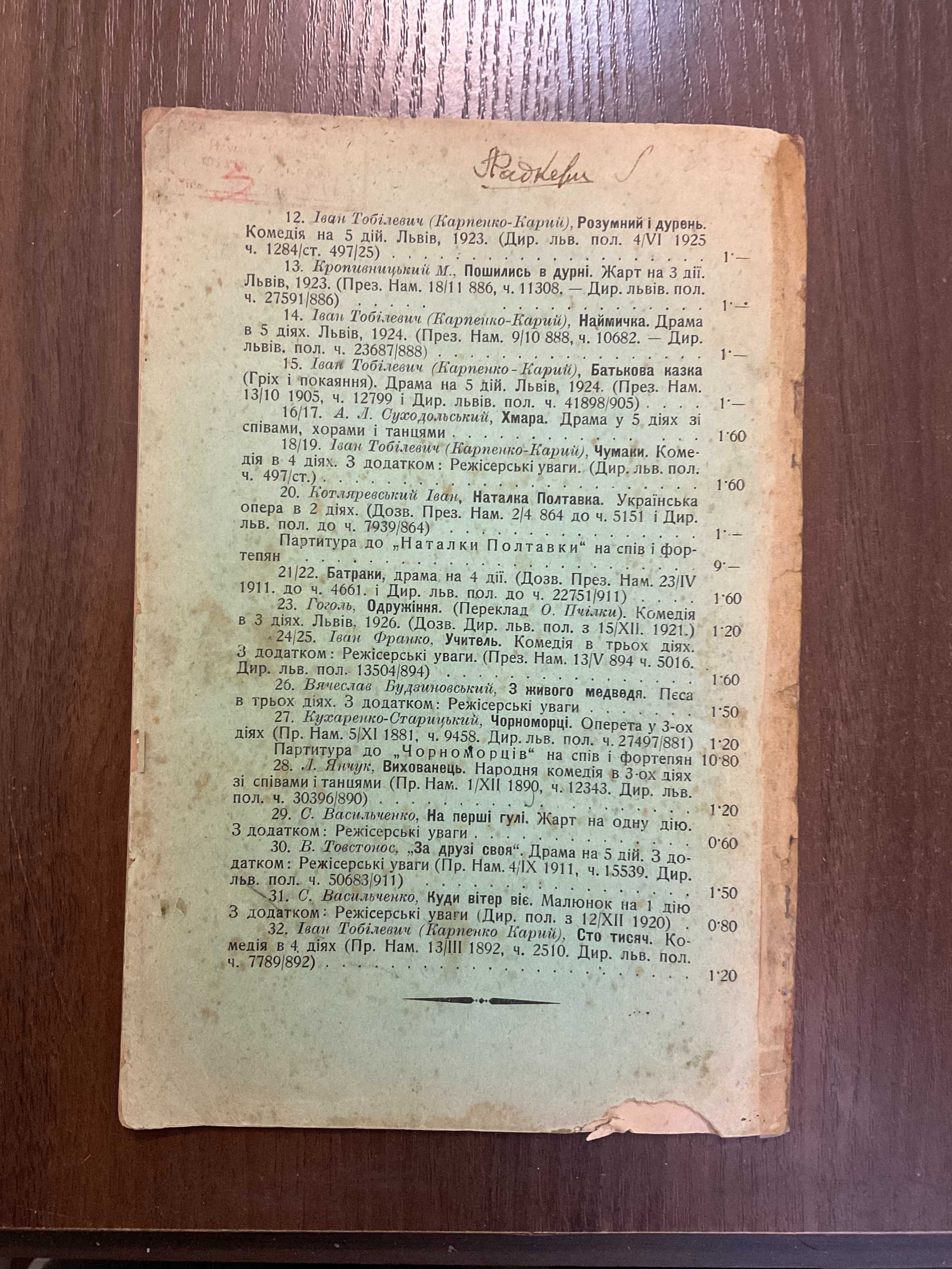 1927 Дай серцеві волю заведе у неволю М. Кропивницький Львів