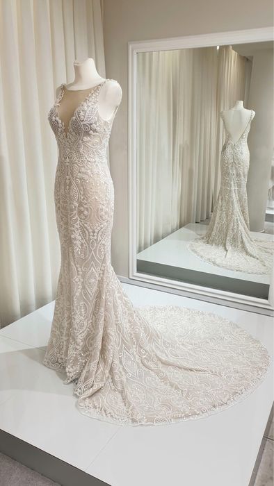 Suknia ślubna syrenka dopasowana ręcznie zdobiona tren+welon 3 metrowy