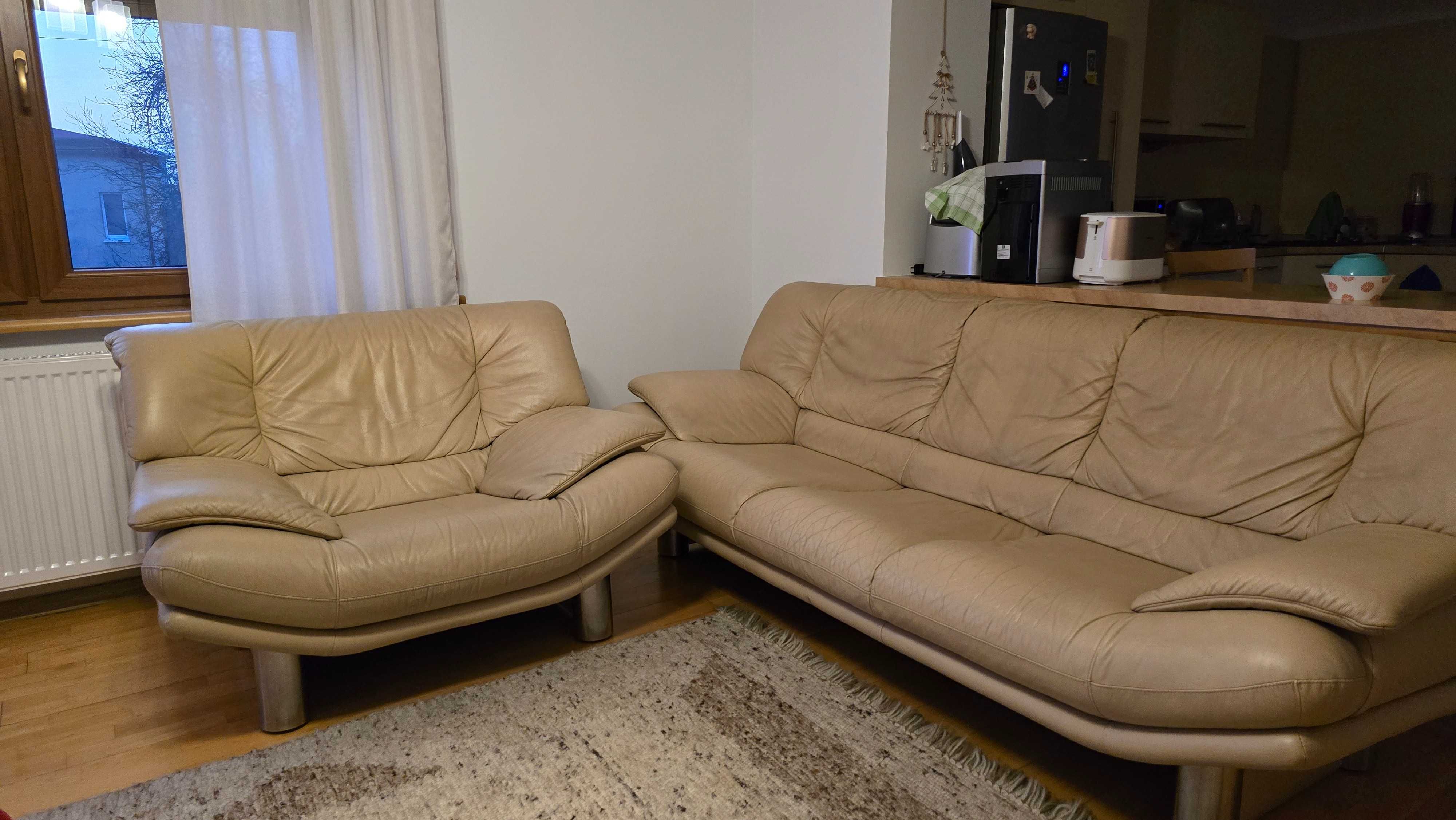 Klasyczny komplet wypoczynkowy ze skóry, kanapa i 2 fotele KLER