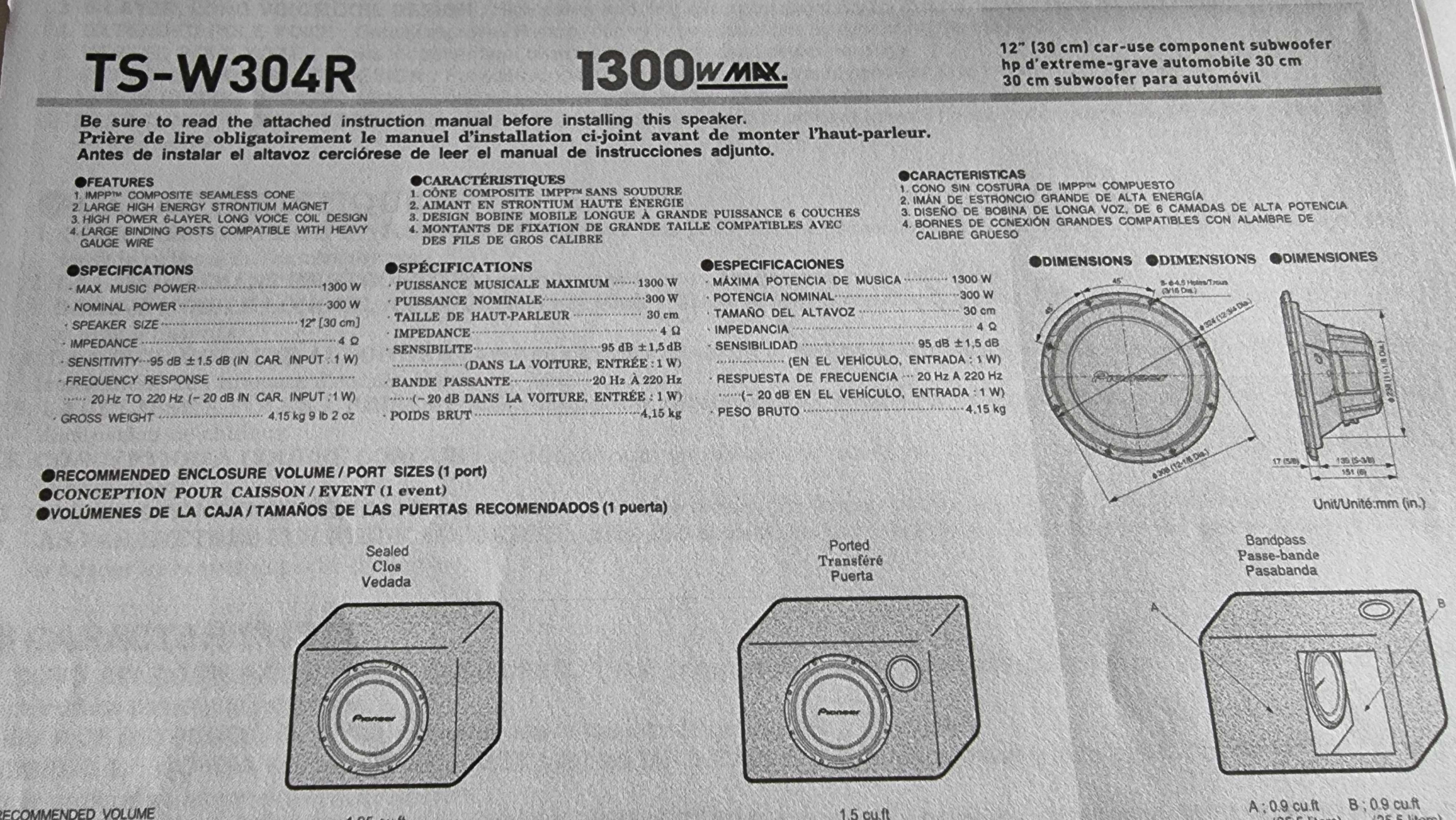 Sub woofers passivos de 4 ohms Alpine SBE-1244BR e Pioneer TS-W304R