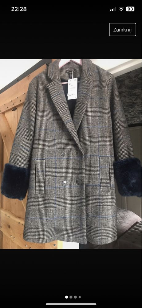 Wełniany płaszcz Zara w kratę oversize rozmiar M
