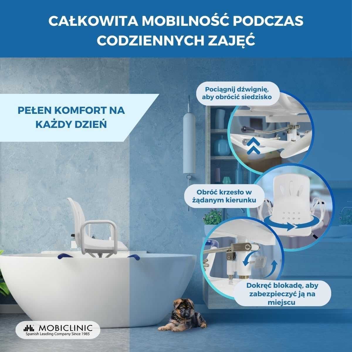 MOBICLINIC LAGO krzesło fotel prysznicowy obrotowy 360 dla seniorów