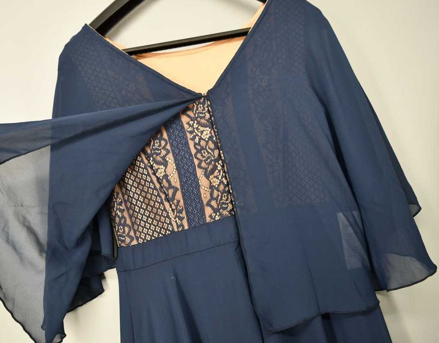 Zwiewna wizytowa sukienka Bonprix granatowa koronkowa 38 długa nowa