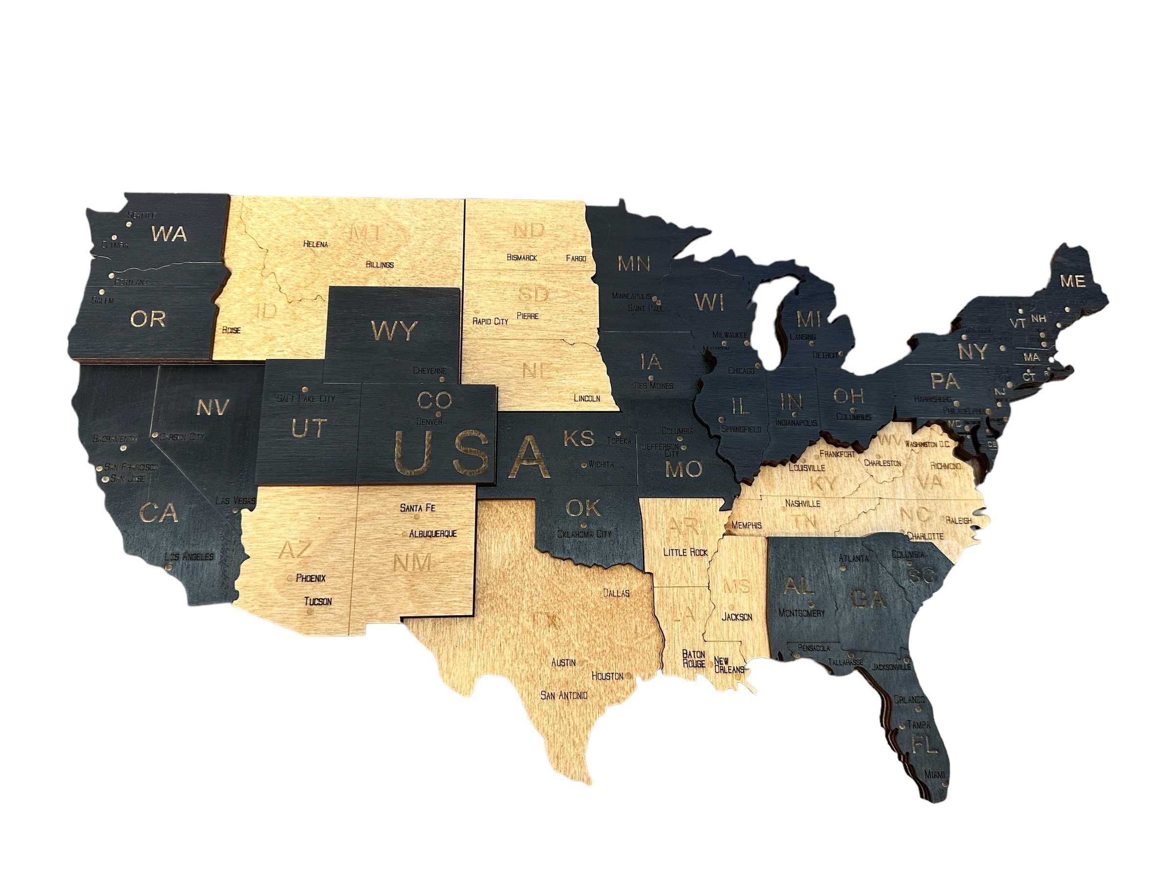 Mapa 3D drewniana USA -2kolory, 86cm Stany Zjednoczone, prezent U.S.A.