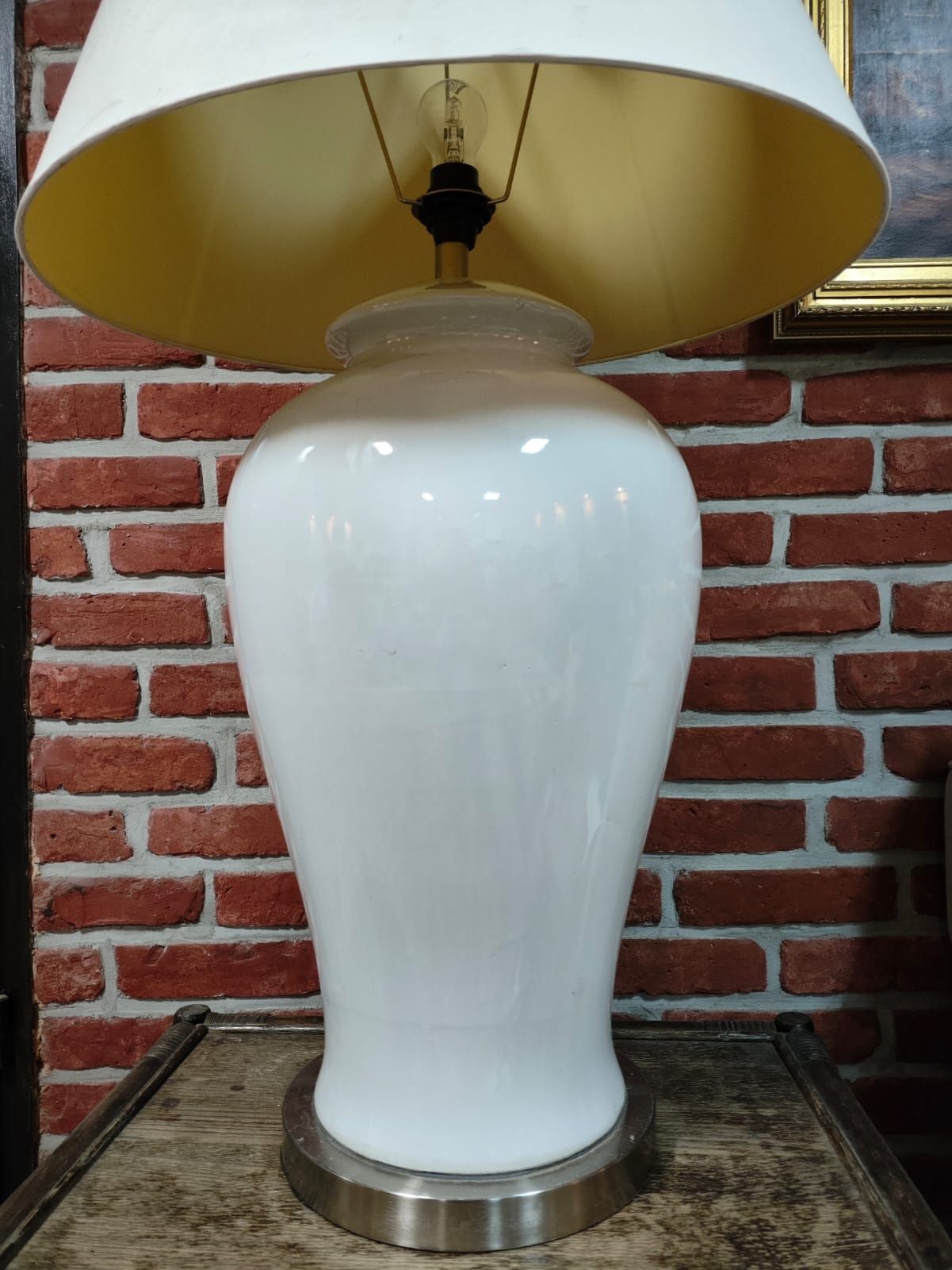 Duża lampa lampka do salonu beżowa szara kremowa abażur