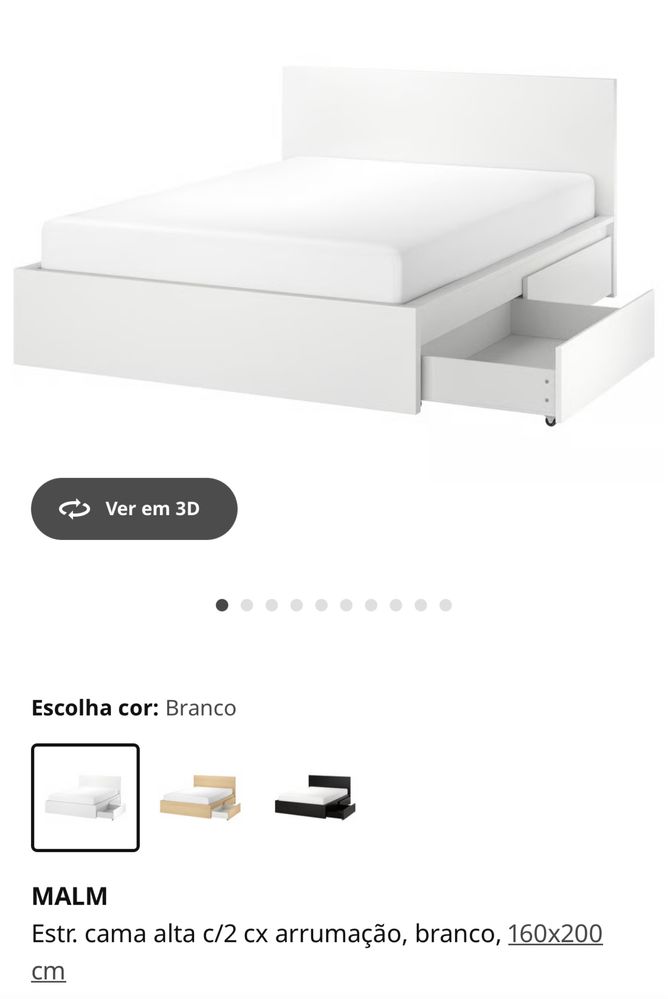 Cama de casal com estrado e duas caixas de arrumação em branco Malm