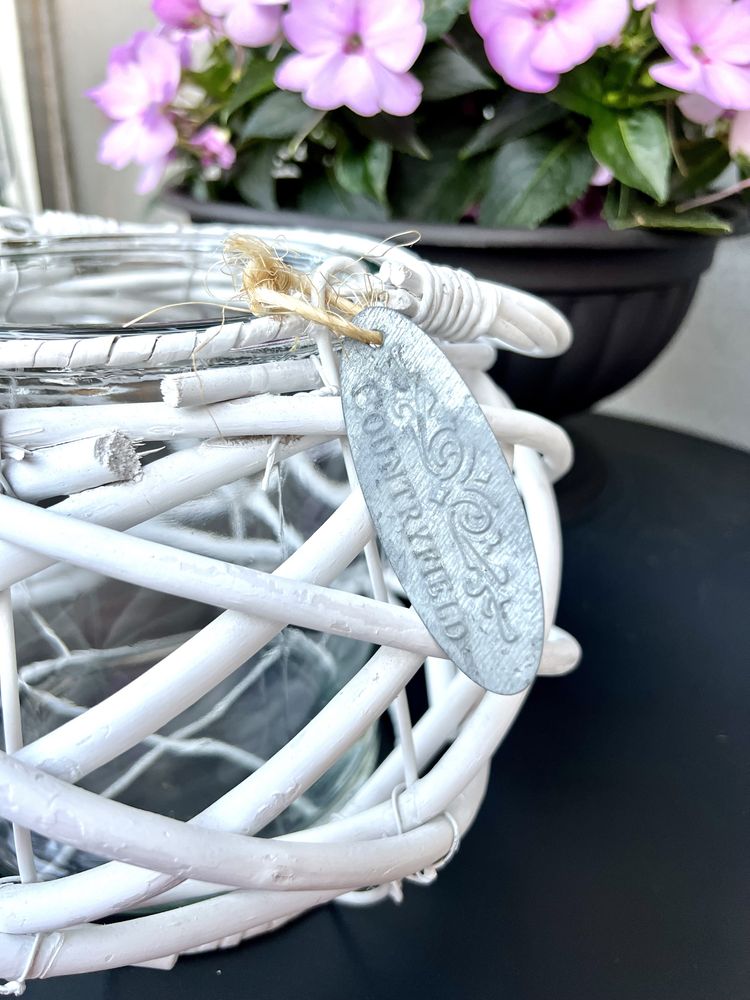 Lampion drewniany COUNTRYFIELD biały drewno loft szkło pleciony boho