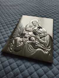 Srebrny obraz z wizerunkiem Świętej Rodziny; 18x24cm, NOWY