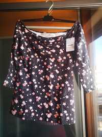 Camisola nova preta com flores,ombros de fora, mangas 3/4,Tezenis, M