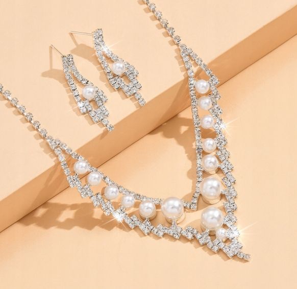 Komplet Biżuterii Perły Kolczyki Naszyjnik Ślub Srebrny Cyrkonie  B8