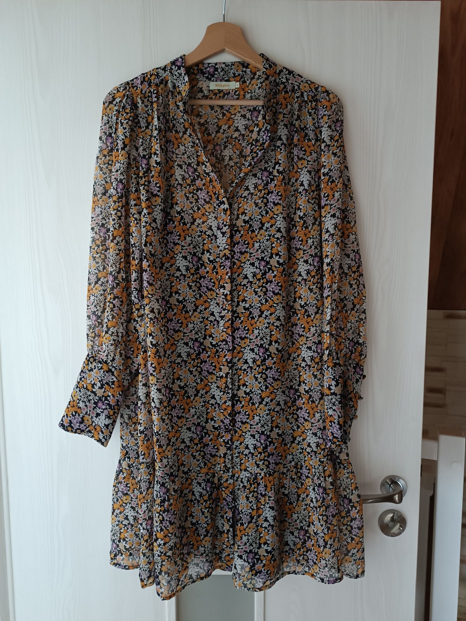 Sukienka letnia boho z długim rękawem w kwiatki zwiewna na okazję L-XL