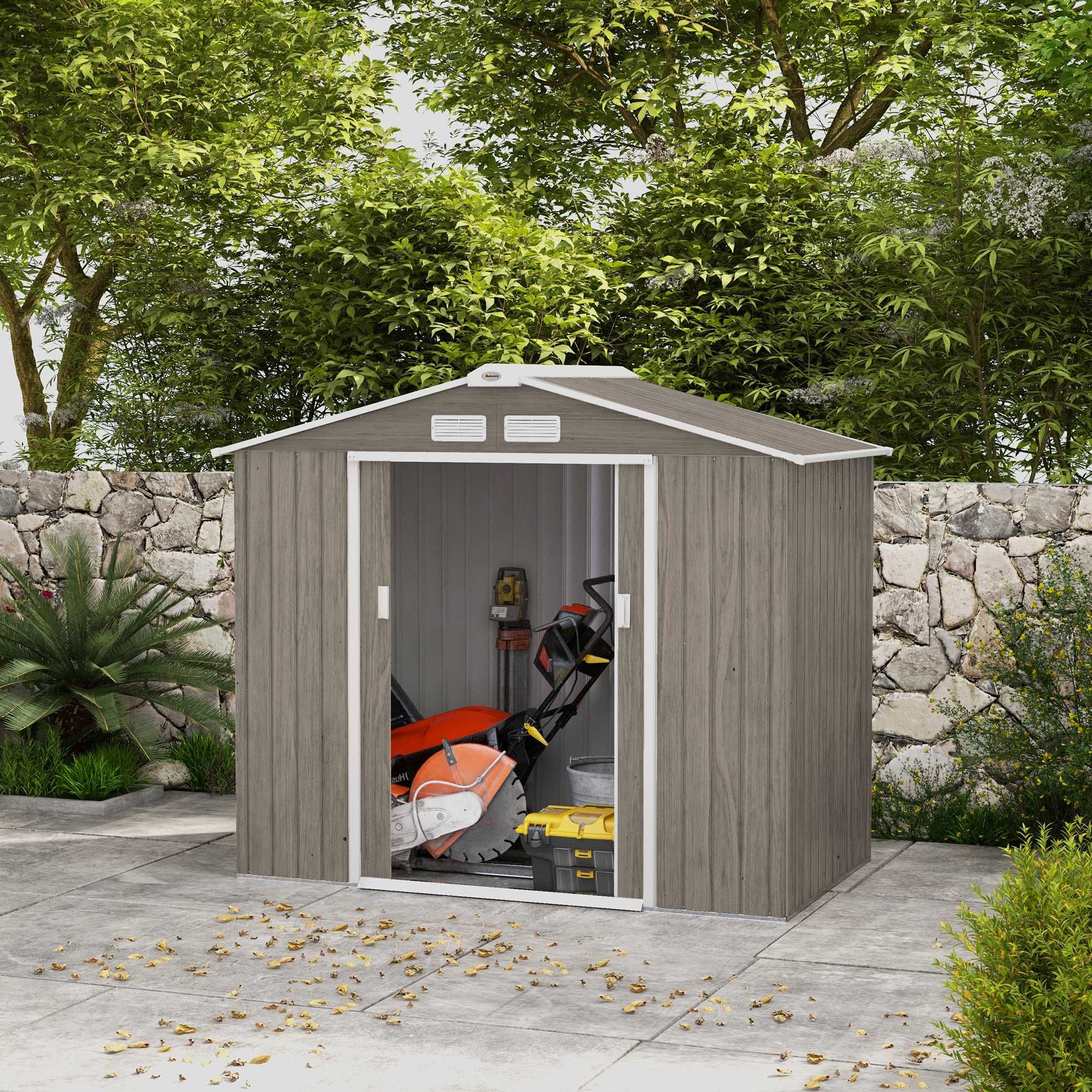 Abrigo de Jardim Metálico 213x130x185cm Efeito Madeira NOVO