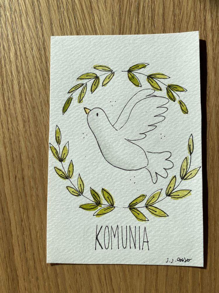 Kartka okolicznościowa pamiątka pierwszej komunii świętej wianek gołąb