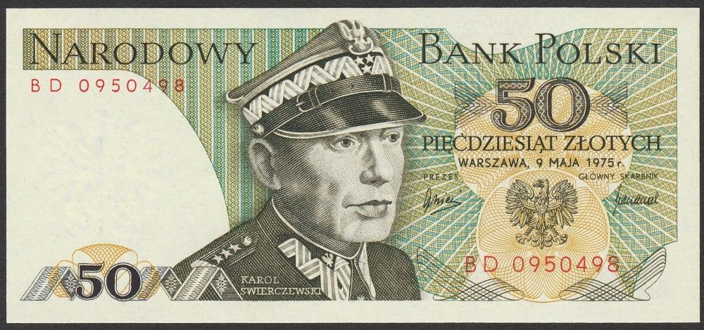 Polska 50 złotych 1975 - Karol Świerczewski - stan bankowy UNC