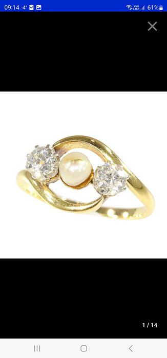 Pierścionek zabytkowy 1905r złoto 18k perła diamenty 0.4 crt