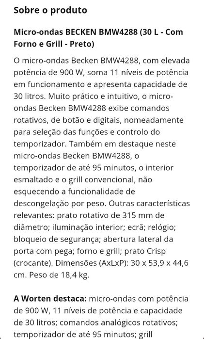 Micro-ondas BECKEN FORNO / GRILL 
Usado, não