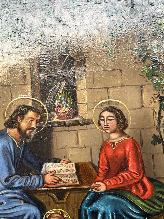 Piękny stary obraz -Swięta Rodzina , olej na blasze, złota rama, XIXw.