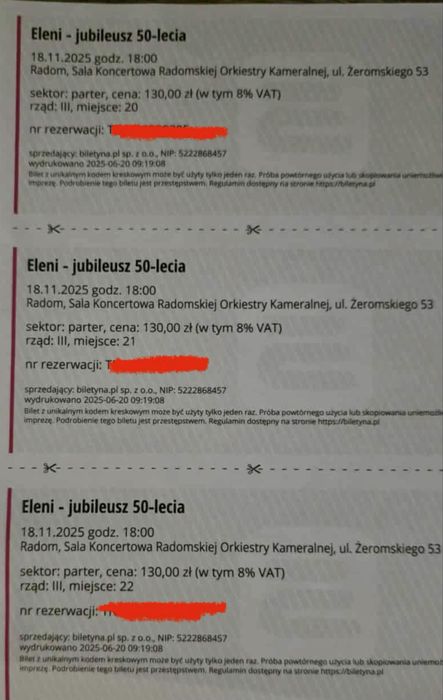 3 bilety na koncert jubileuszowy Eleni