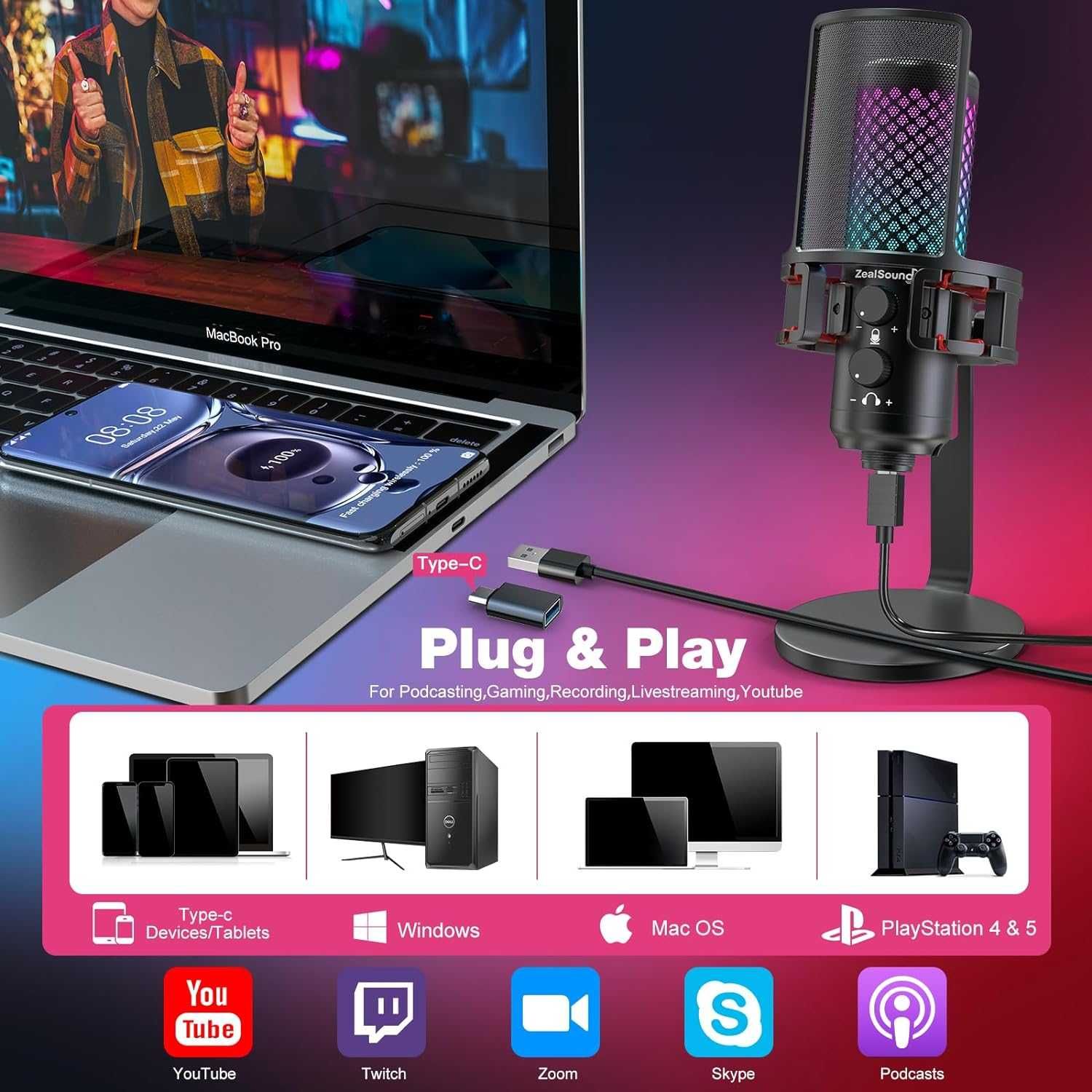 zealsound Gaming Microphone PC, mikrofon pojemnościowy USB RGB