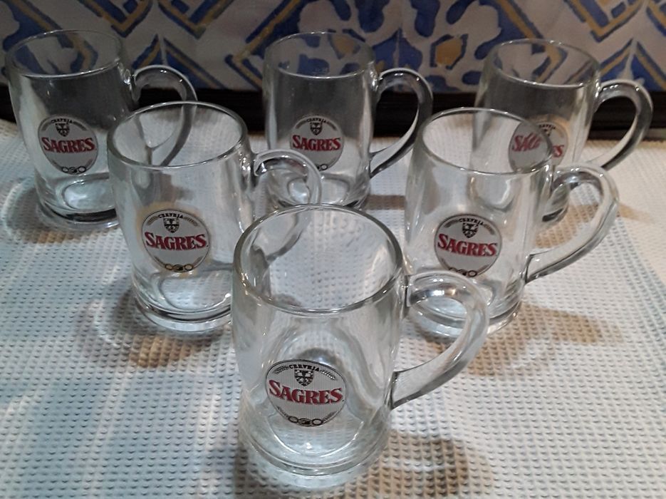 Canecas de cerveja da marca Sagres vintage, em vidro, 30 cl e 35 cl