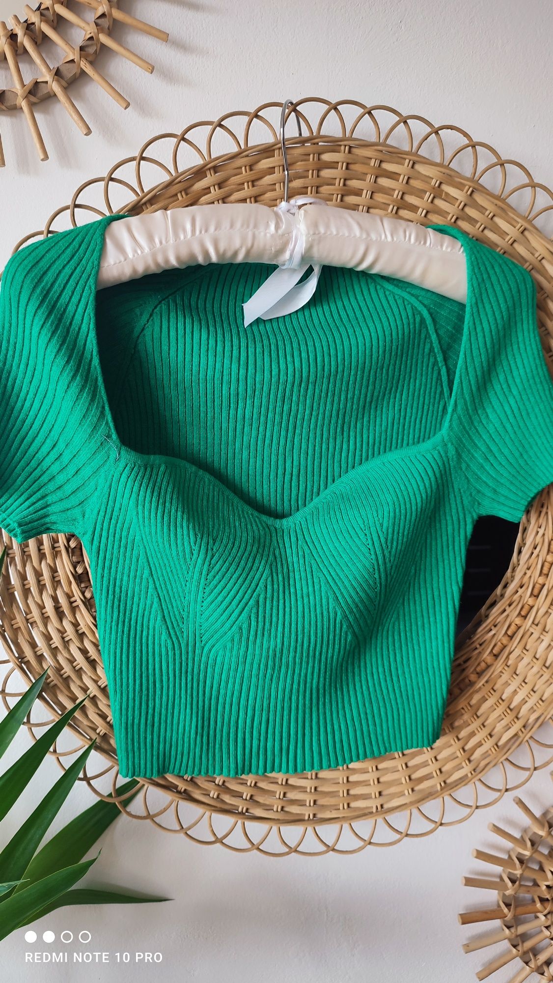 Sweter z krótkim rękawem top dzianinowy Zara zielona bluzka serce