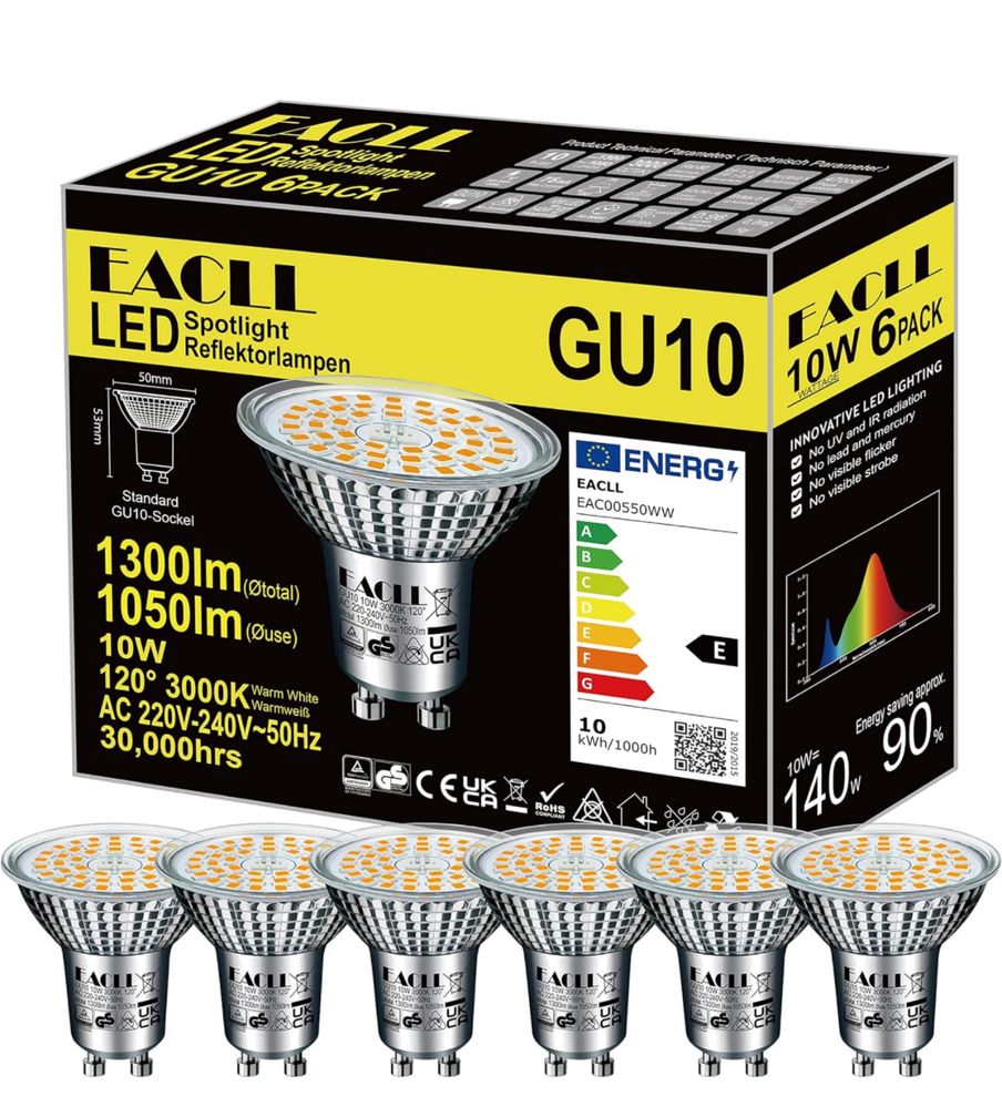 EACLL GU10 LED 10 W zastępuje żarówkę halogenową 140 W, 6 szt
