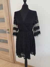 Sukienka Czarna koronkowa kopertowy zakładany dekolt S M 38 36
