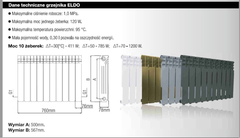 Grzejnik aluminiowy 50cm biały na żeberka - skręcam