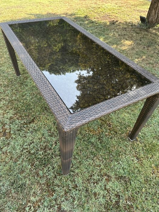 Mesa de Jardim em Vime Sintético com Tampão de Vidro Temperado