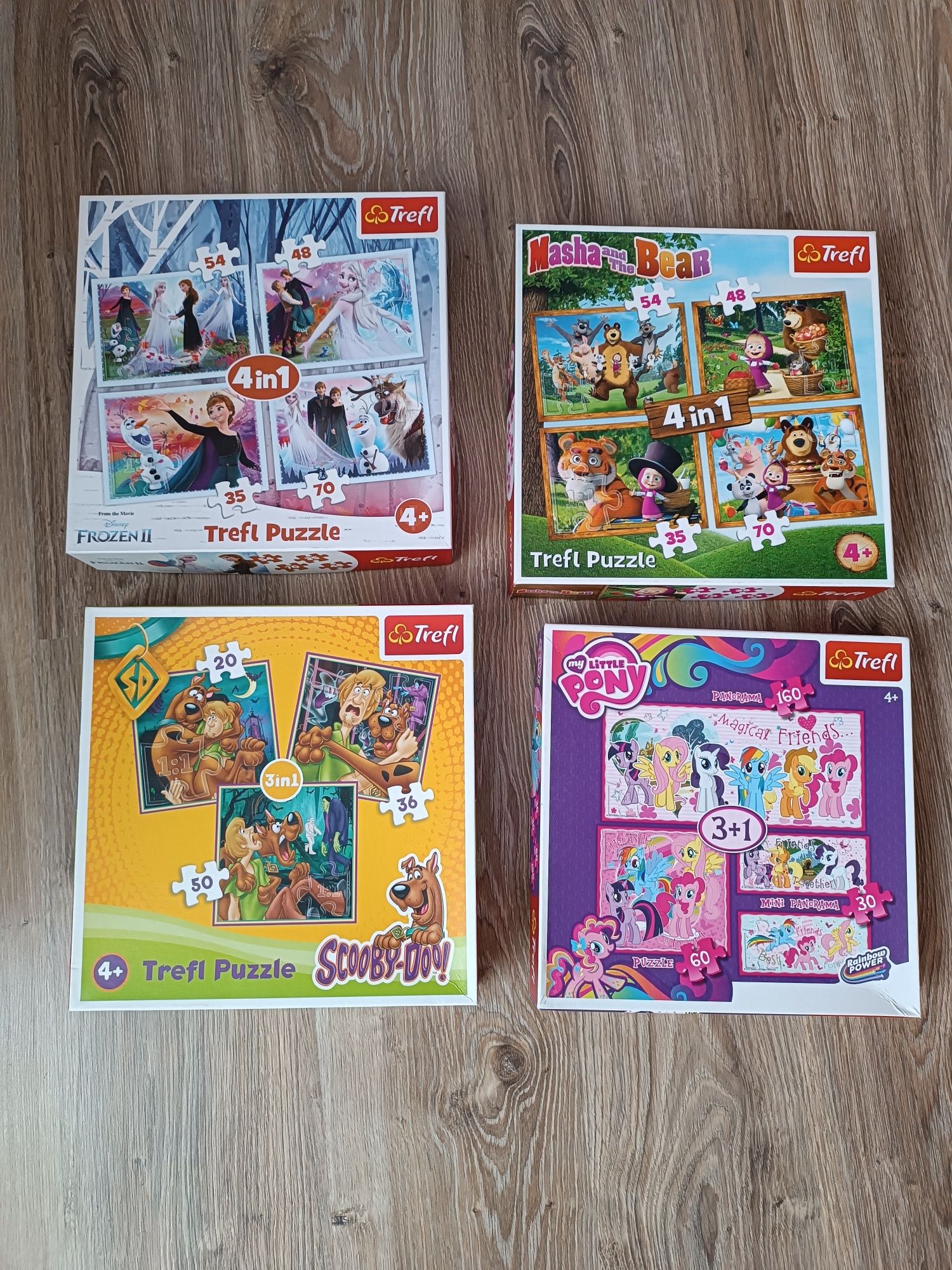 Komplet 4x puzzle Scooby-Doo,Frozen II,Little Pony,Masza i Niedźwiedź