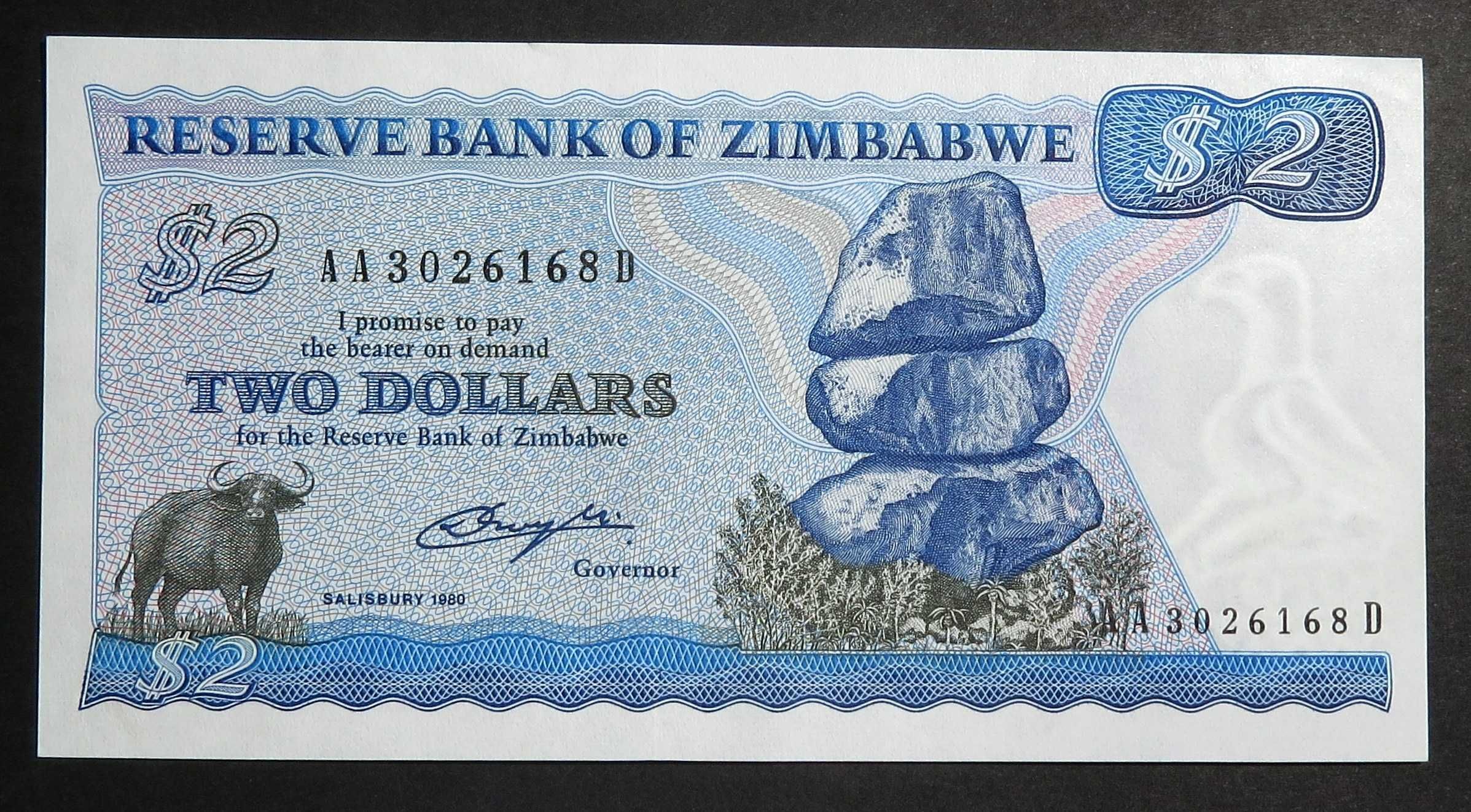 ZIMBABWE - Nota 2 Dollars 1980 Prefixo AA Rodésia aUNC